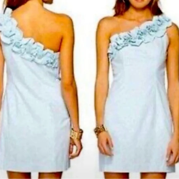 Lilly Pulitzer Vivienne One-Shoulder Light Blue Floral Appliqué Dress - Picture 2 of 10